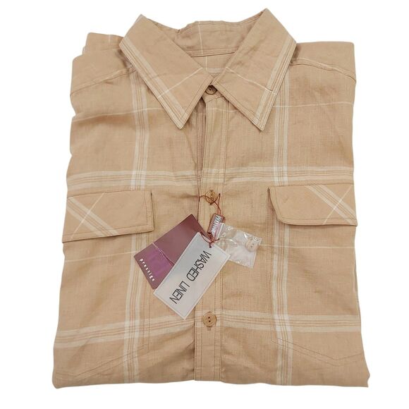 Prestige Shirt Mens XXL Light Brown Short Sleeve Checks 100% Linen Work Casual - Picture 2 of 9
